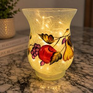 8" Green Crackle Glass Hurricane Vase Hand Painted Fruit Harvest